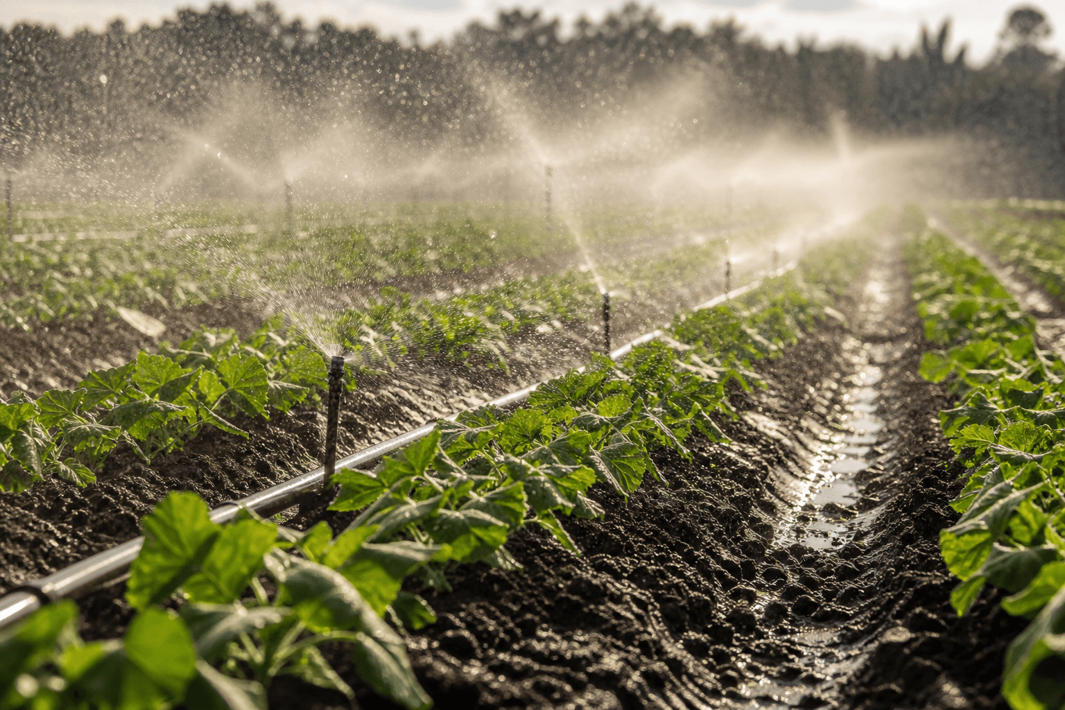 Irrigation watering lush crop rows