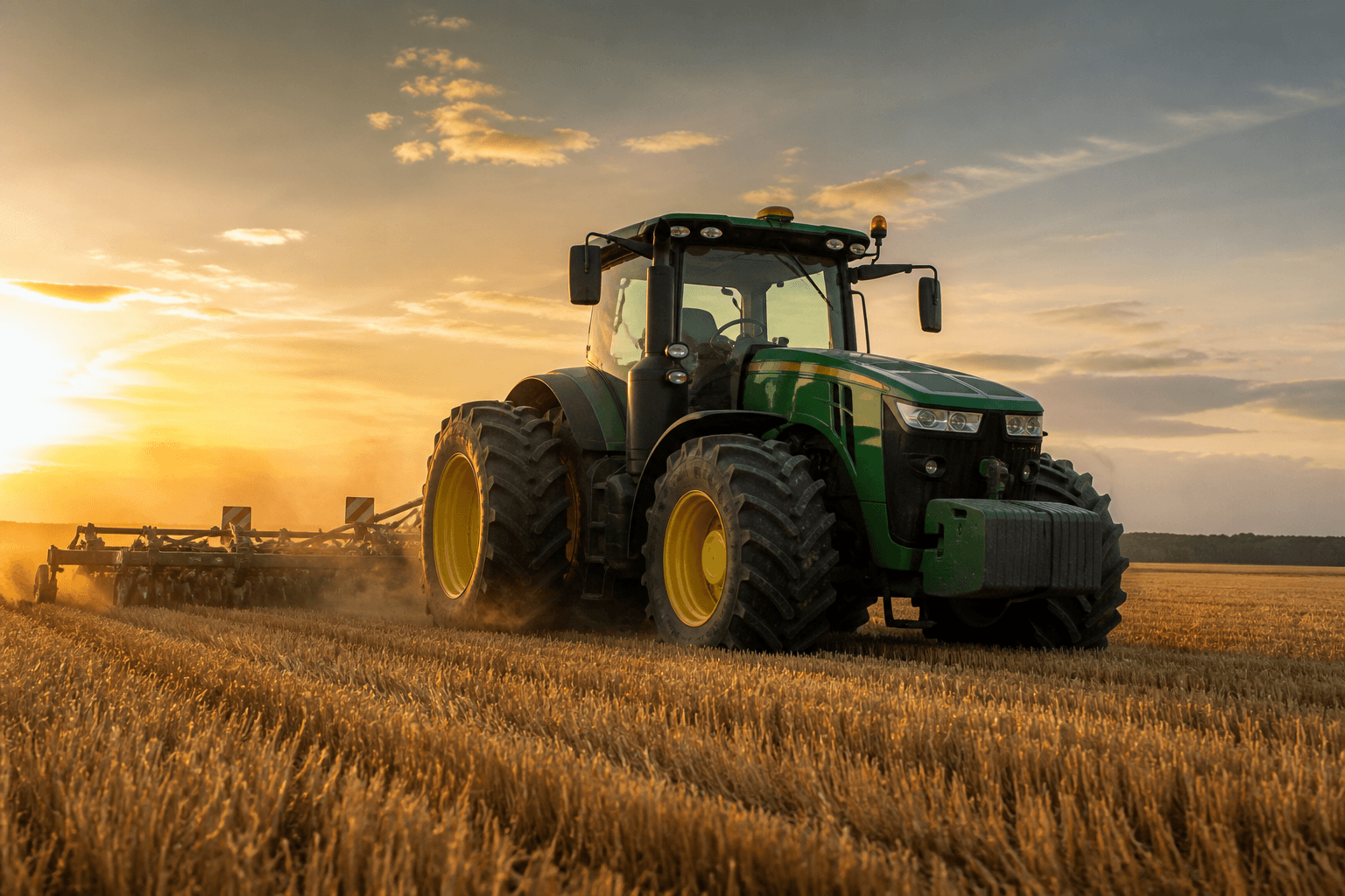 Tractor working a harvested field at dusk