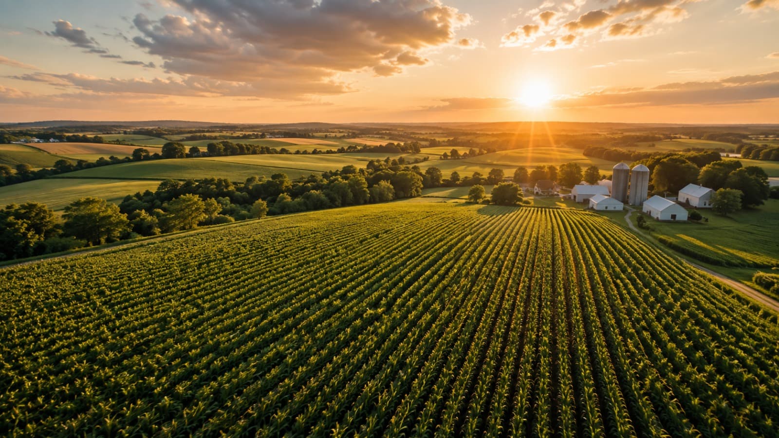 Rows of crops stretching toward a farm at sunset