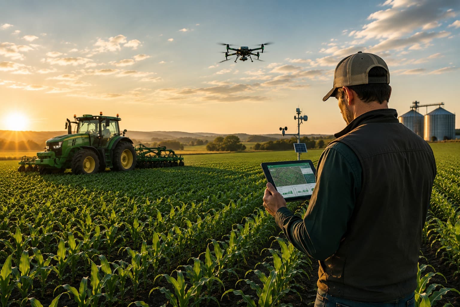 Grower reviewing field data on a tablet while a drone and tractor work the crop