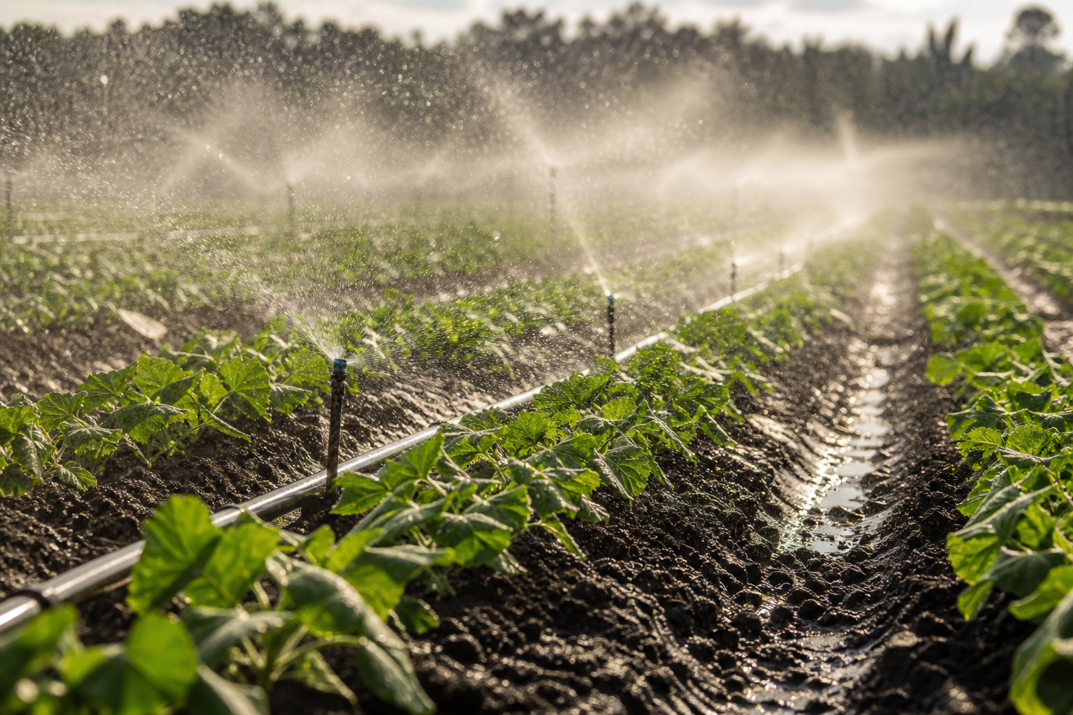 Irrigation watering lush crop rows