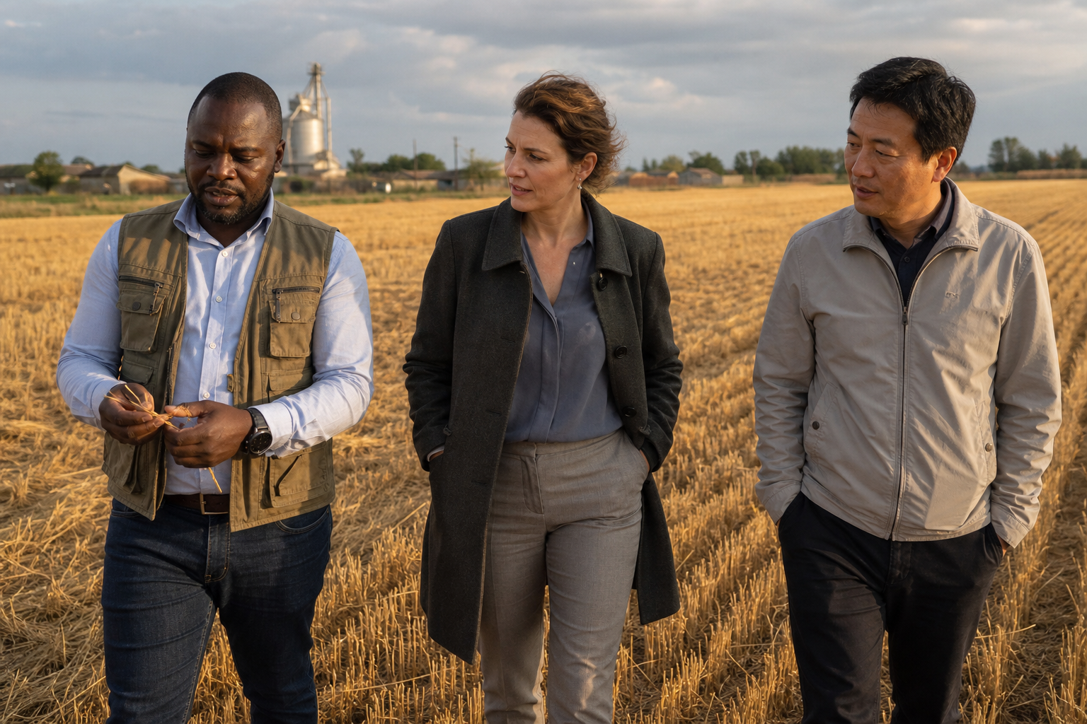 Agricultural partners walking a harvested wheat field together