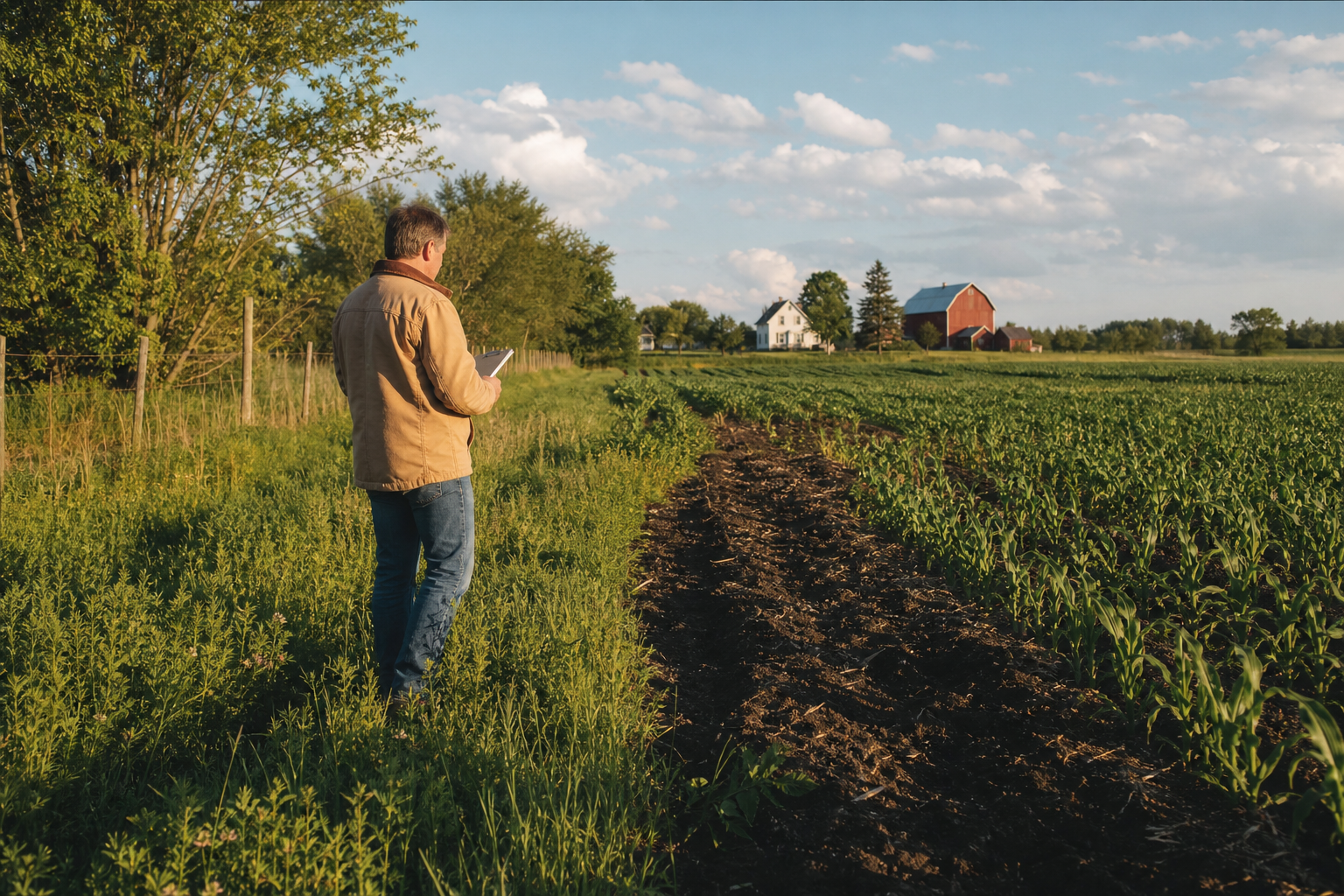 A land manager walking regenerative strip-cropped acres beside a farmstead