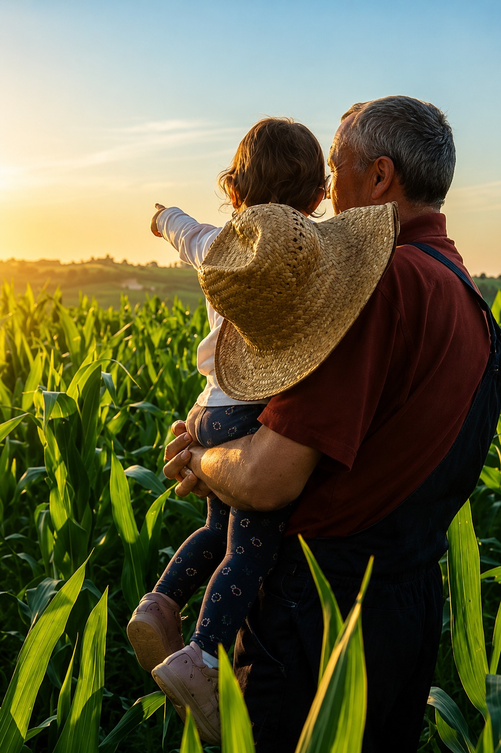 A farmer holding a child who points toward the horizon