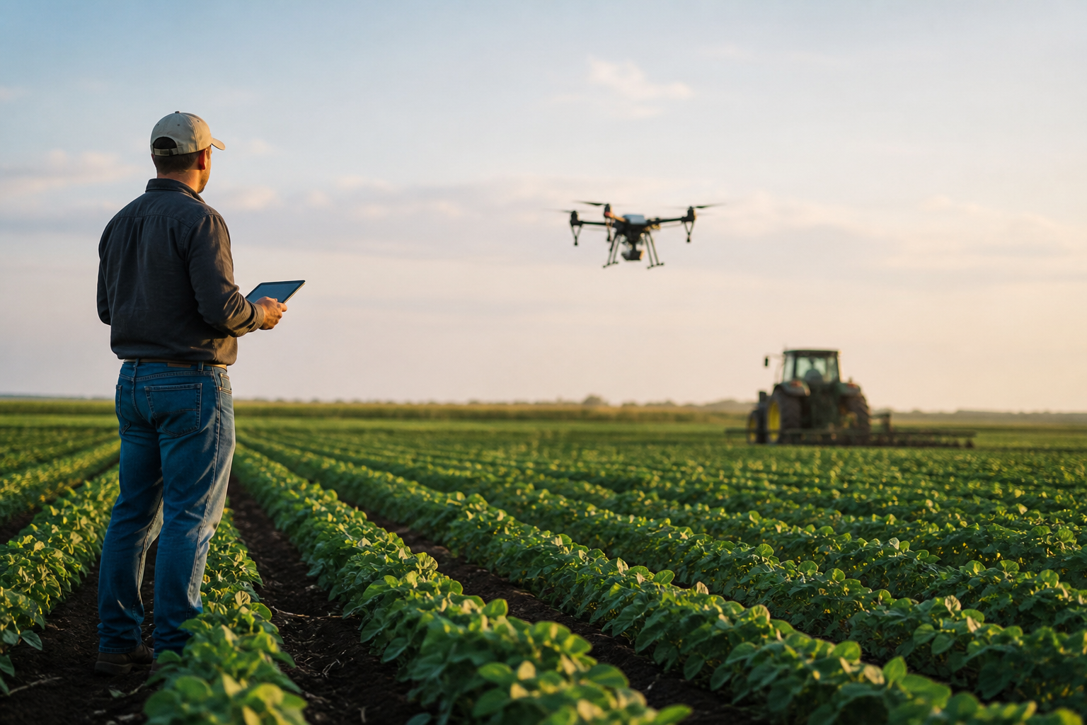 Grower using a tablet while a farm drone lifts off