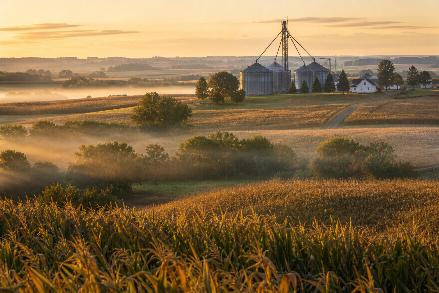 Golden-hour farmland with grain silos on the horizon