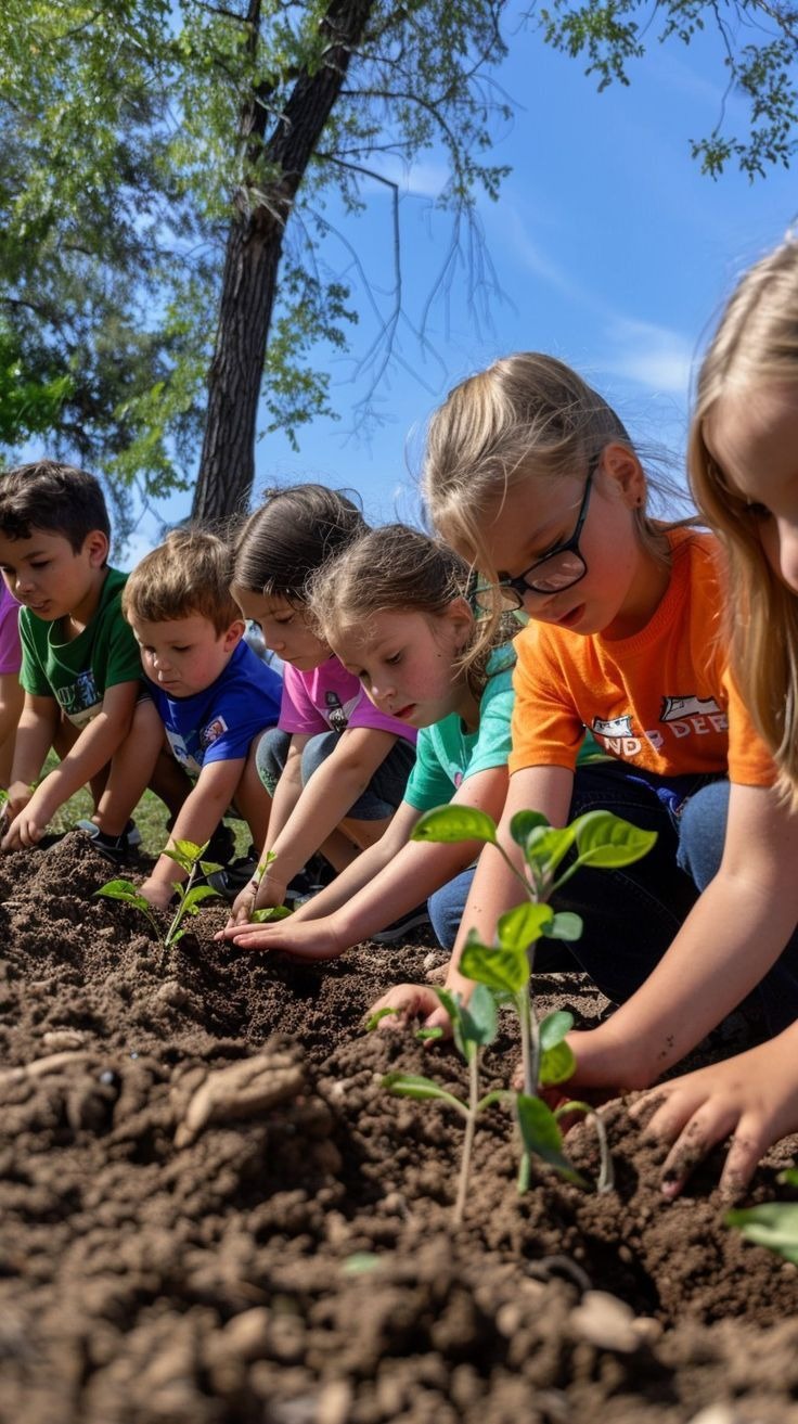 Children planting seedlings in dark soil