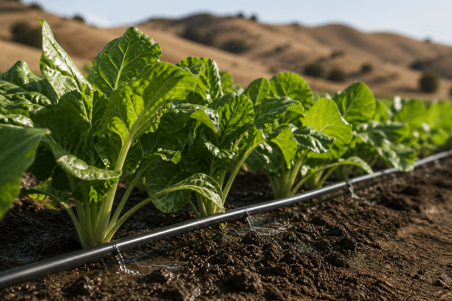 Drip irrigation watering crop rows at the root