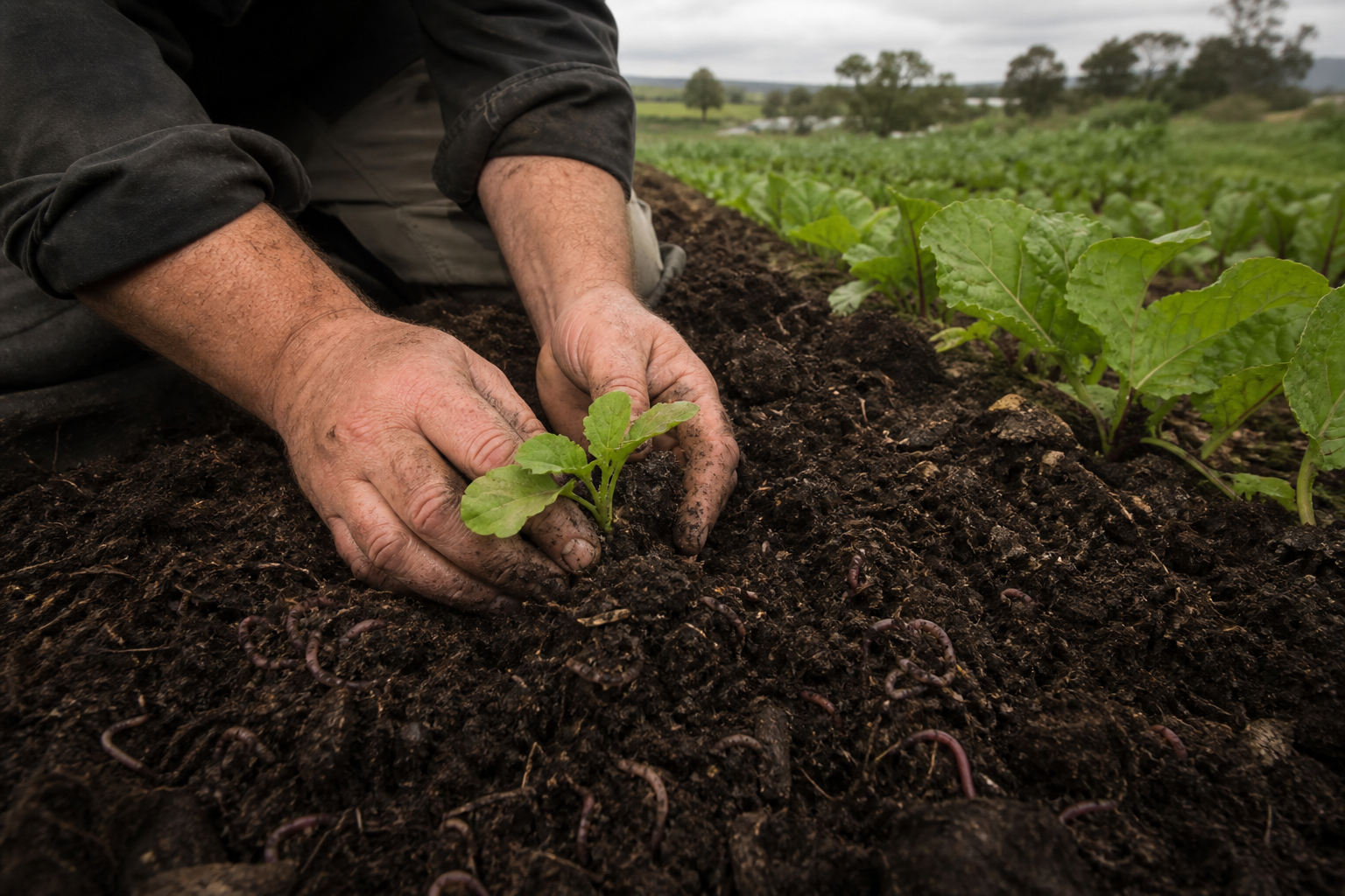 Hands planting into living compost soil