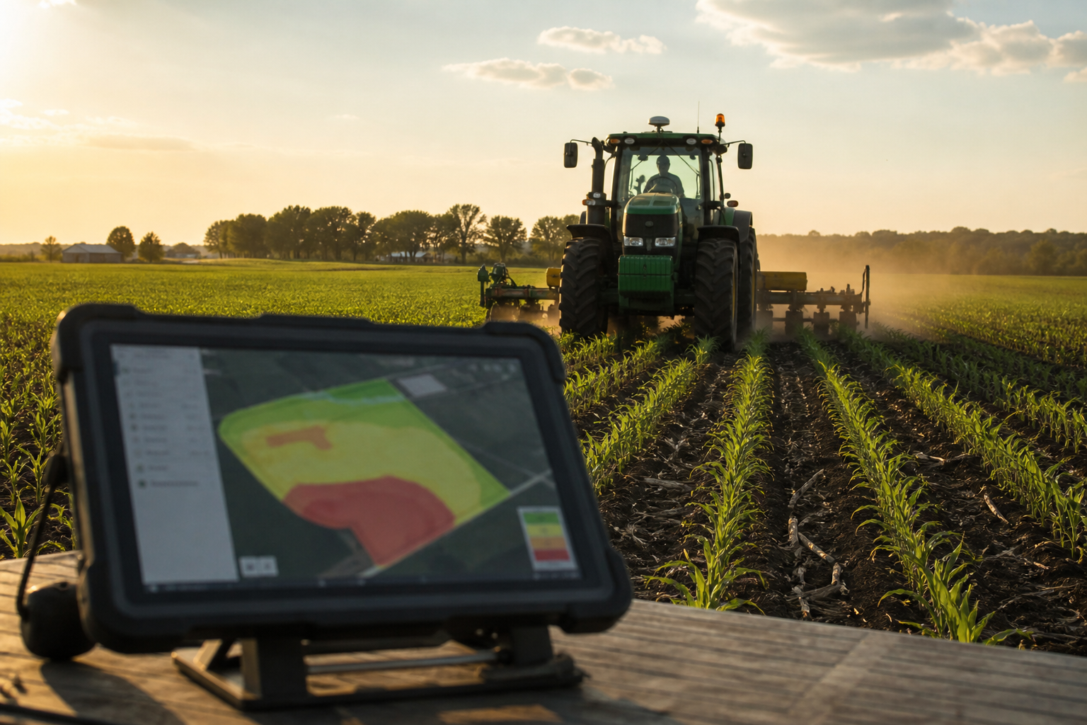 GPS-guided tractor working a precision-mapped field